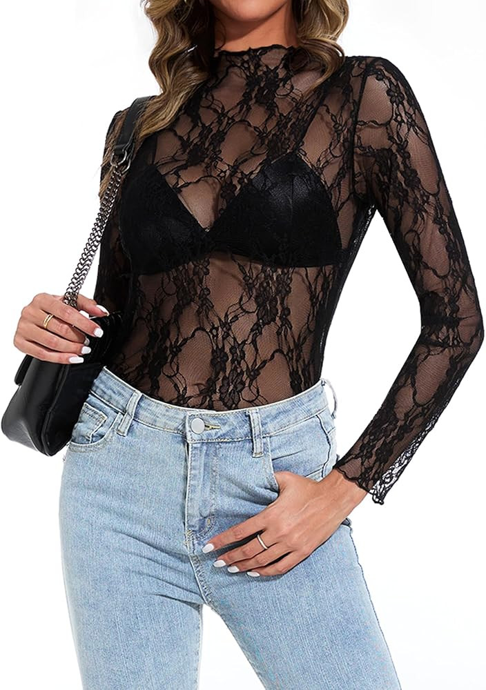 Womens Lace Mesh Long Sleeve Top Floral Sheer See Through Sexy Tops Mock Neck Shirts Party Club N... | Amazon (US)