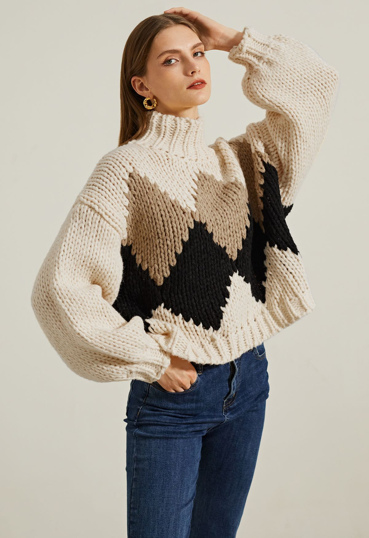 Color Blocked Diamond Chunky Hand Knit Sweater | Chicwish
