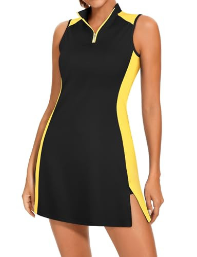 Viracy Black Golf Dresses Tennis Dress for Women with Built in Shorts, Pockets Sleeveless Side Slit Athletic Dress Slimming Waistline Zip Up Stand Collar, Black and Yellow, Large | Amazon (US)