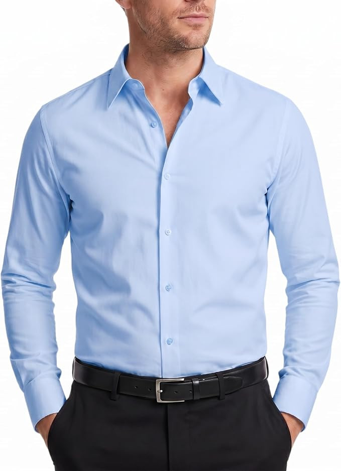 Men's Dress Shirt Regular Fit Solid Business Formal Long Sleeve Button Up Stretch Shirts | Amazon (US)