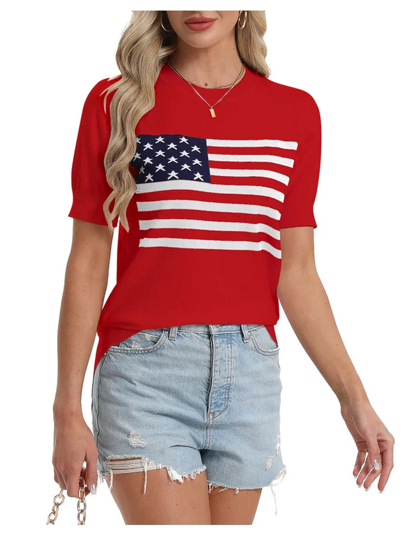 Blouses Tops for Women 4Th of July American Flag Printed Short Sleeve Knited Sweater Pullover Top... | Walmart (US)