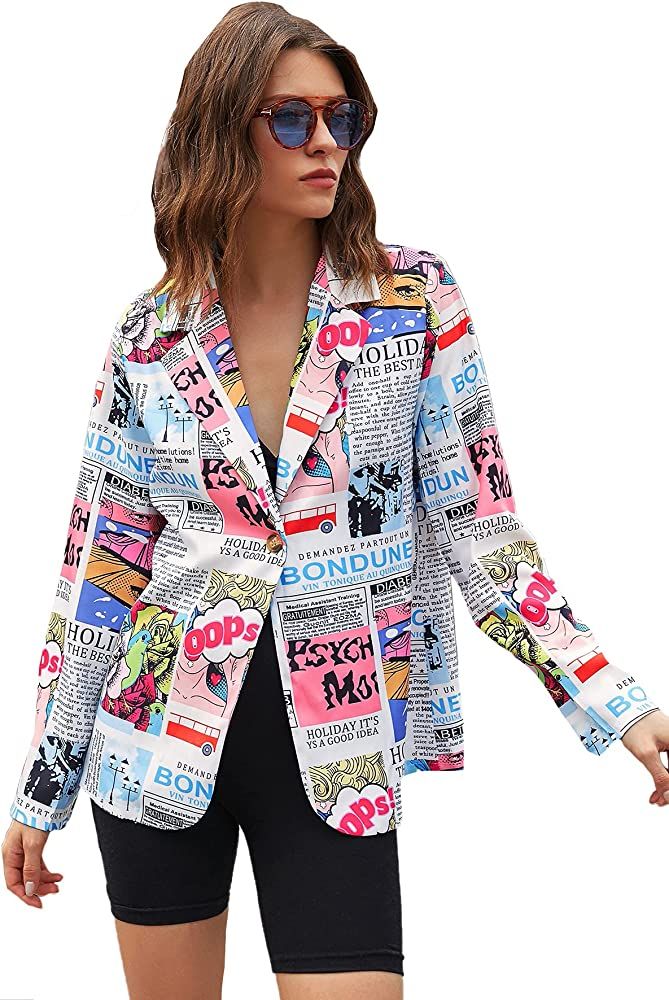 WDIRARA Women's Newspaper Pop Art Print Button Front Long Sleeve Casual Blazer Jacket | Amazon (US)