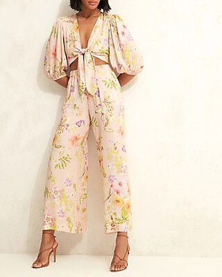 Floral Tie Front Puff Sleeve Cropped Top | Express