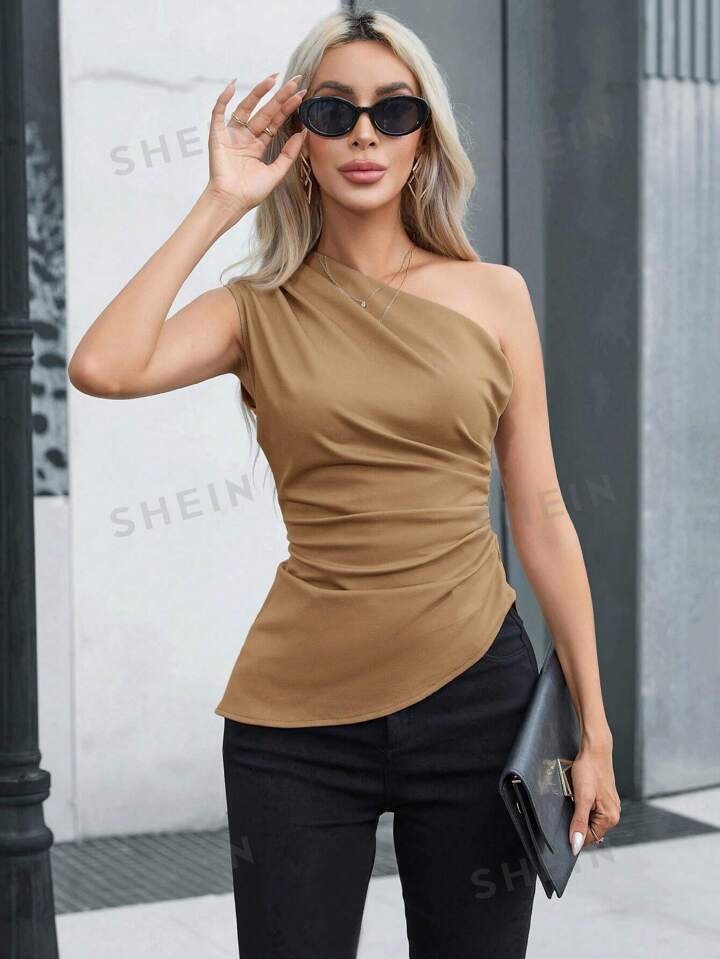 SHEIN Privé One Shoulder Ruched Side Asymmetrical Hem Top | SHEIN