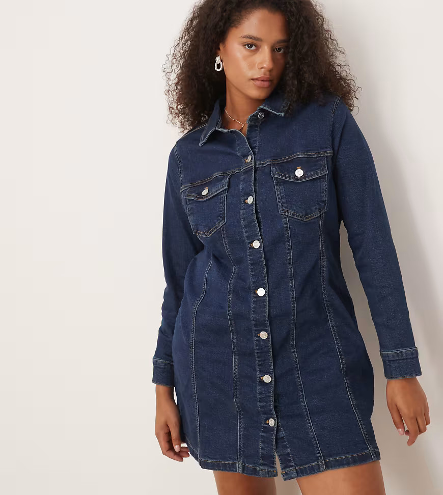 ASOS DESIGN Curve denim long sleeve fitted shirt mini dress in rinse-Navy | ASOS (Global)