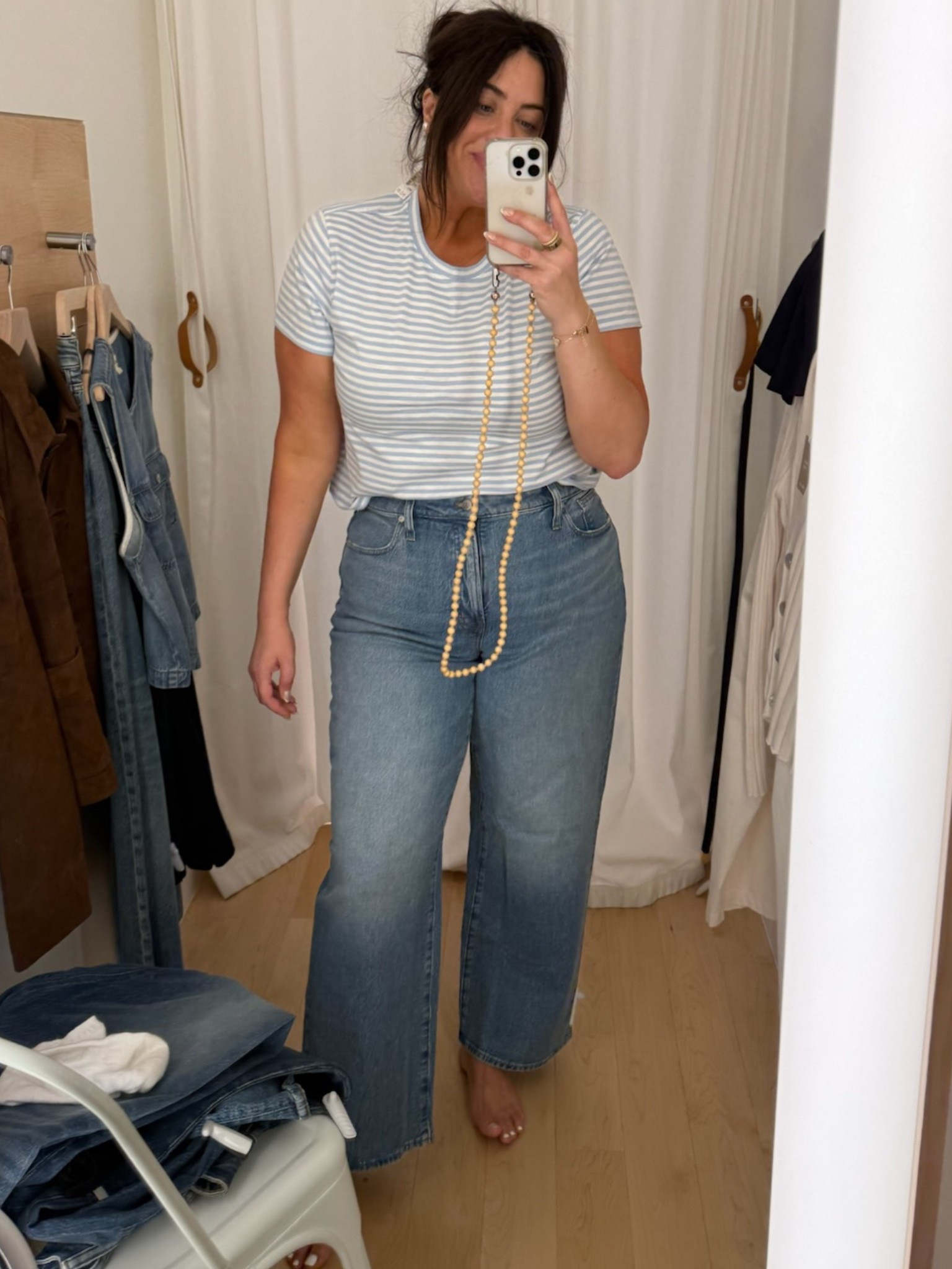 These jeans are great cut. I’m in the curvy fit but they come in plus, tall, standard, and petite too. I’m in my true size and regular length but they do run a little big in the waist in standard sizing. I sized down two sizes in tee because it’s all they had in store 

#LTKMidsize #LTKFindsUnder100 #LTKSaleAlert