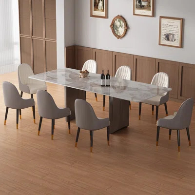 Extendable Modern Dining Table Set For 6-10 With Black Carbon Steel Base And Sintered Stone Top, 63 To 94.4-inch Folding Design, 8 Chairs Included | Wayfair North America