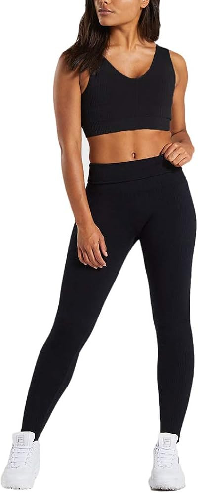 Women Workout Set Power Down V Neck Bra with Seamless Leggings Set Yoga Outfits Sports Clothing | Amazon (US)