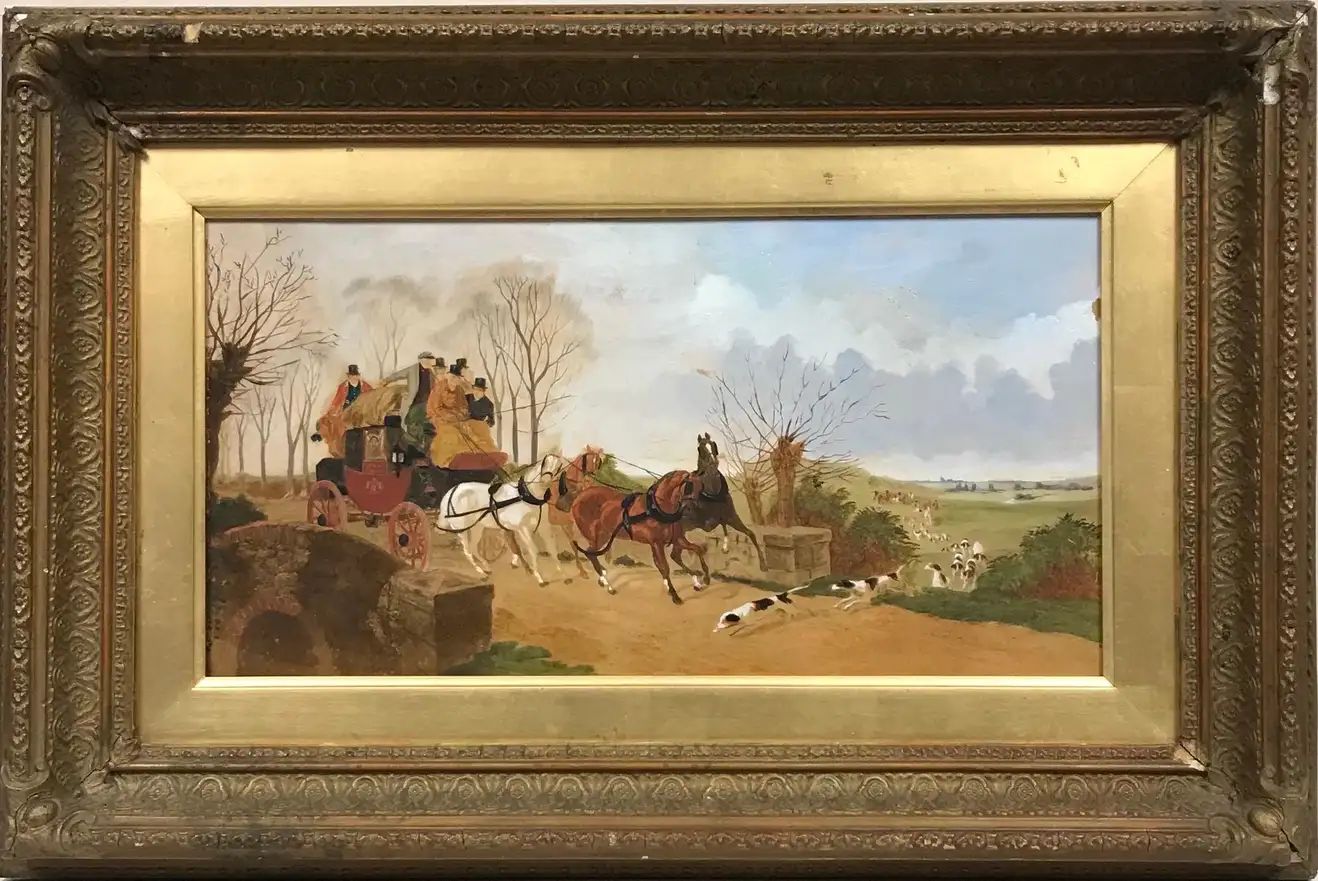 Victorian Oil Painting in Gilt Frame Coach & Horses Startled by Hounds & Hunt | 1stDibs