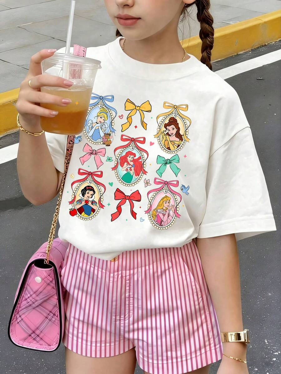 LocalDisney Bowknot Frame Princess Cartoon Print,Summer Tops,Girls Clothes For Kids,Clean Girls S... | SHEIN