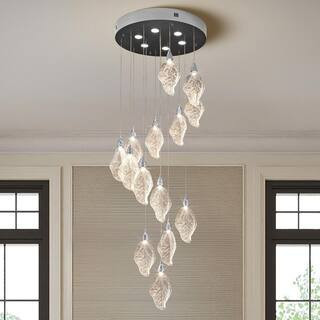 Modern 78 in. H 14Light Integrated LED Silver Crystal Staircase Chandelier Bionic Leaf High Ceiling LED Lighting Fixture | The Home Depot