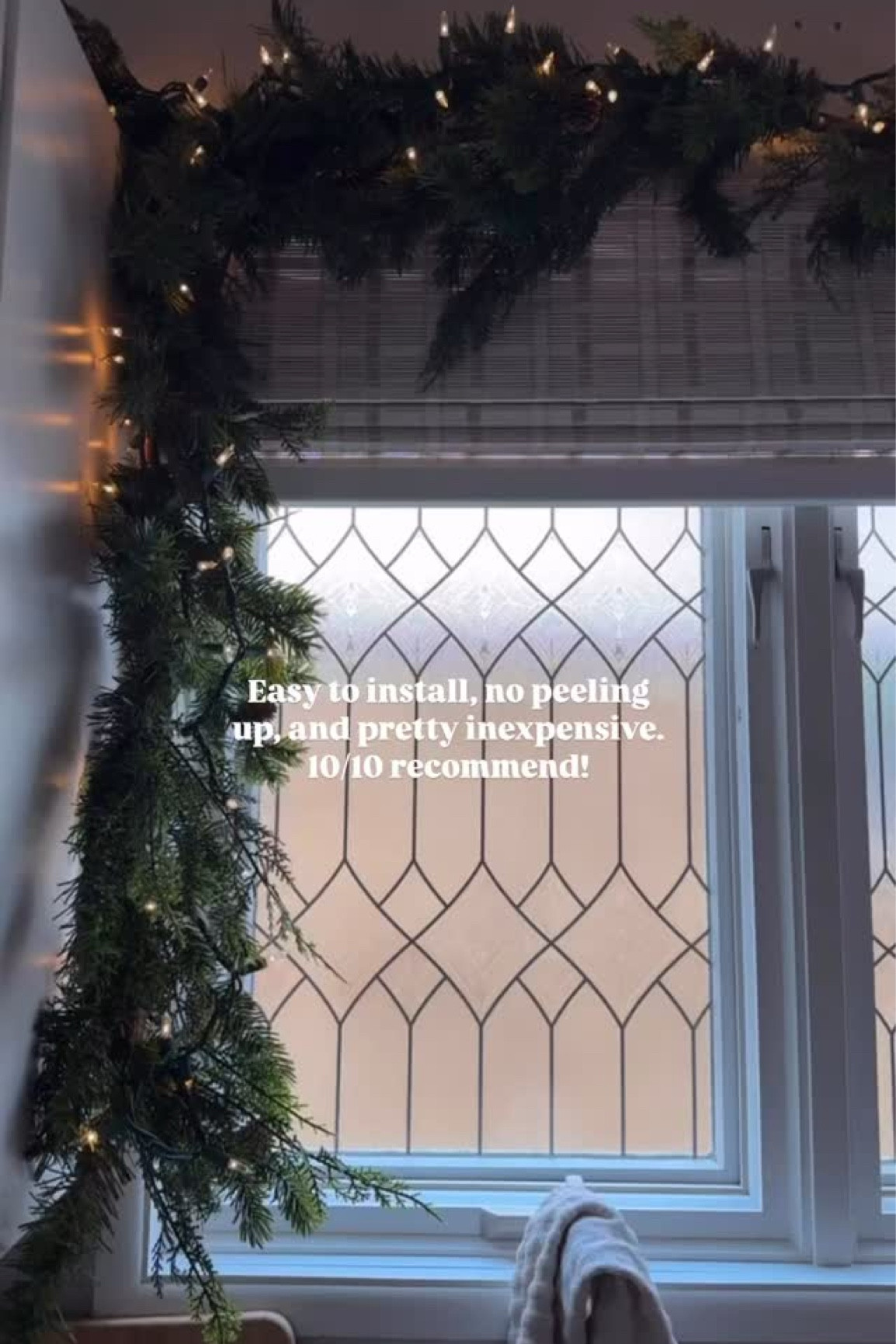 Faux leaded glass 🙌🏼 Easy to install, no peeling up, and pretty inexpensive. 10/10 recommend!

Garland is 9ft and very affordable!