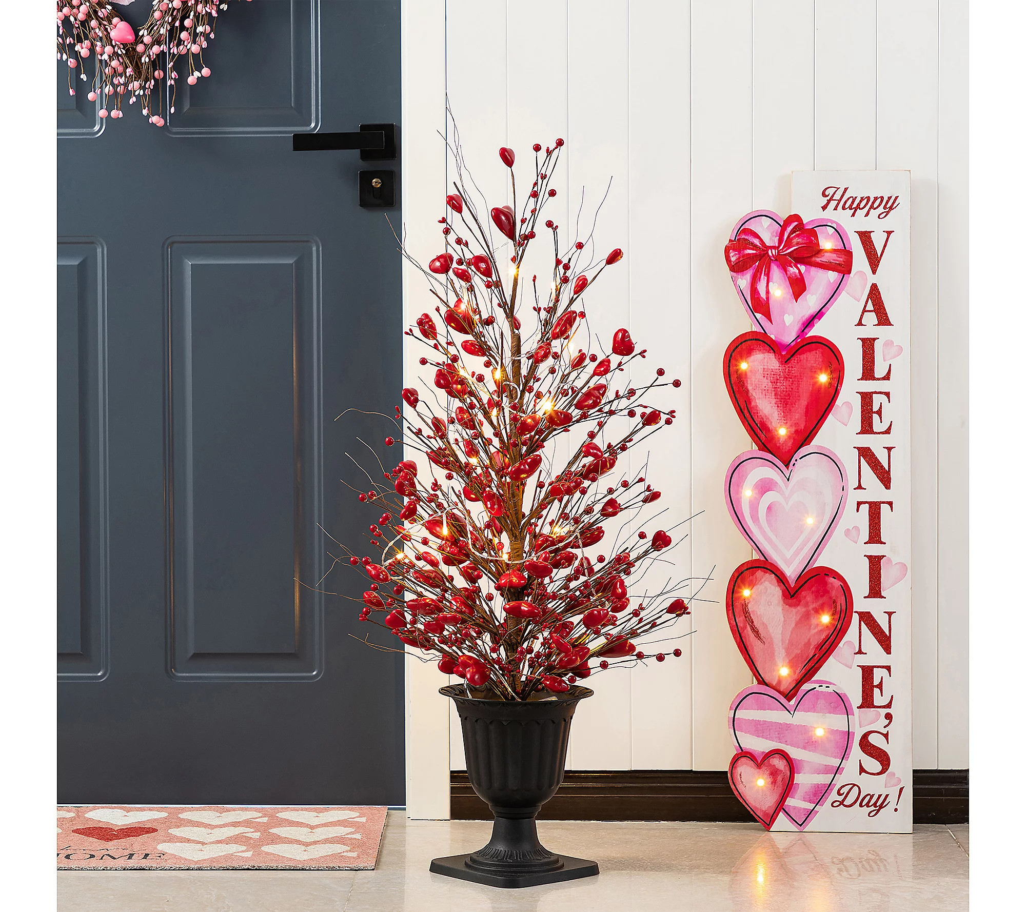 Glitzhome 36""H Valentine's Lighted Berry Heart Urn Porch Tree | QVC