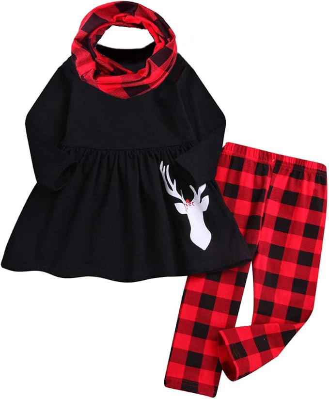 Toddler Girls 3 Pc Hi Lo Christmas Holiday Ruffle Tunic Outfit, Scarf,Buffalo Plaid Deer Dress an... | Amazon (US)