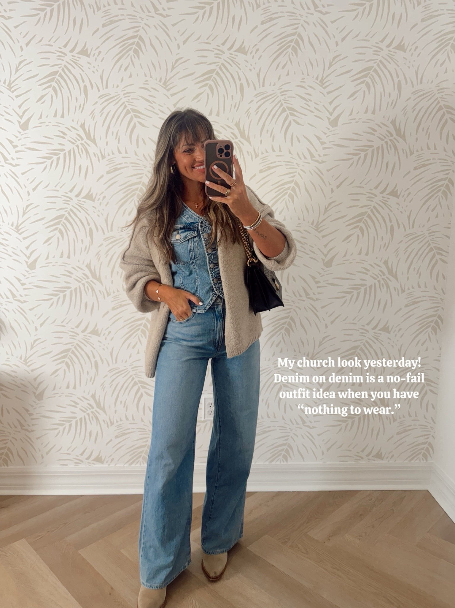 Size 2/26 jeans- true to size. 


Fall transition 
Church outfit
Denim on denim
Early fall outfit
What to wear
Outfit ideas