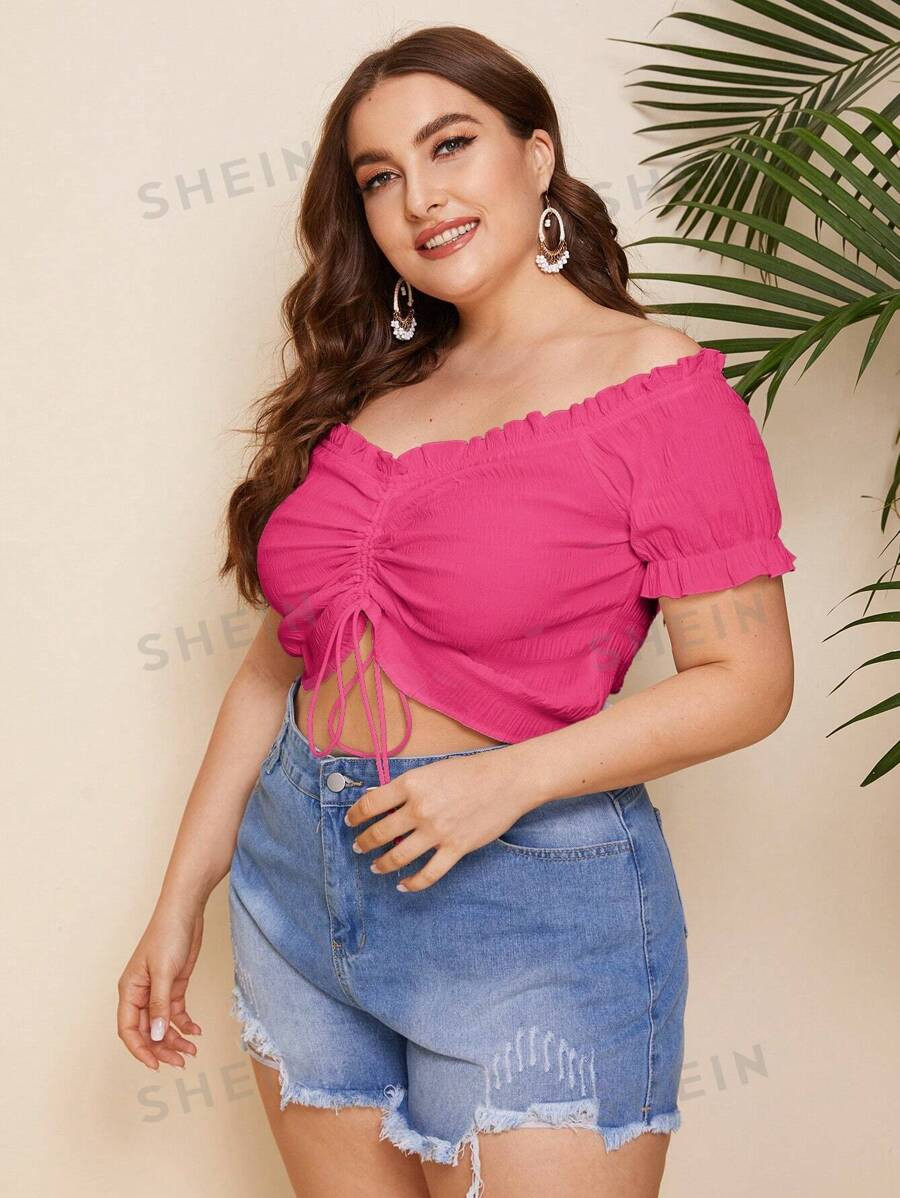 SHEIN WYWH Plus Size Women's Solid Color Frill Trim Off Shoulder Drawstring Cropped Shirt | SHEIN