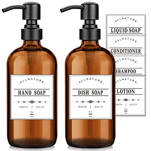 Soap Dispenser, 16OZ Amber Glass Soap Dispenser 2 Pack Soap Bottles with Stainless Steel Pump and... | Amazon (CA)