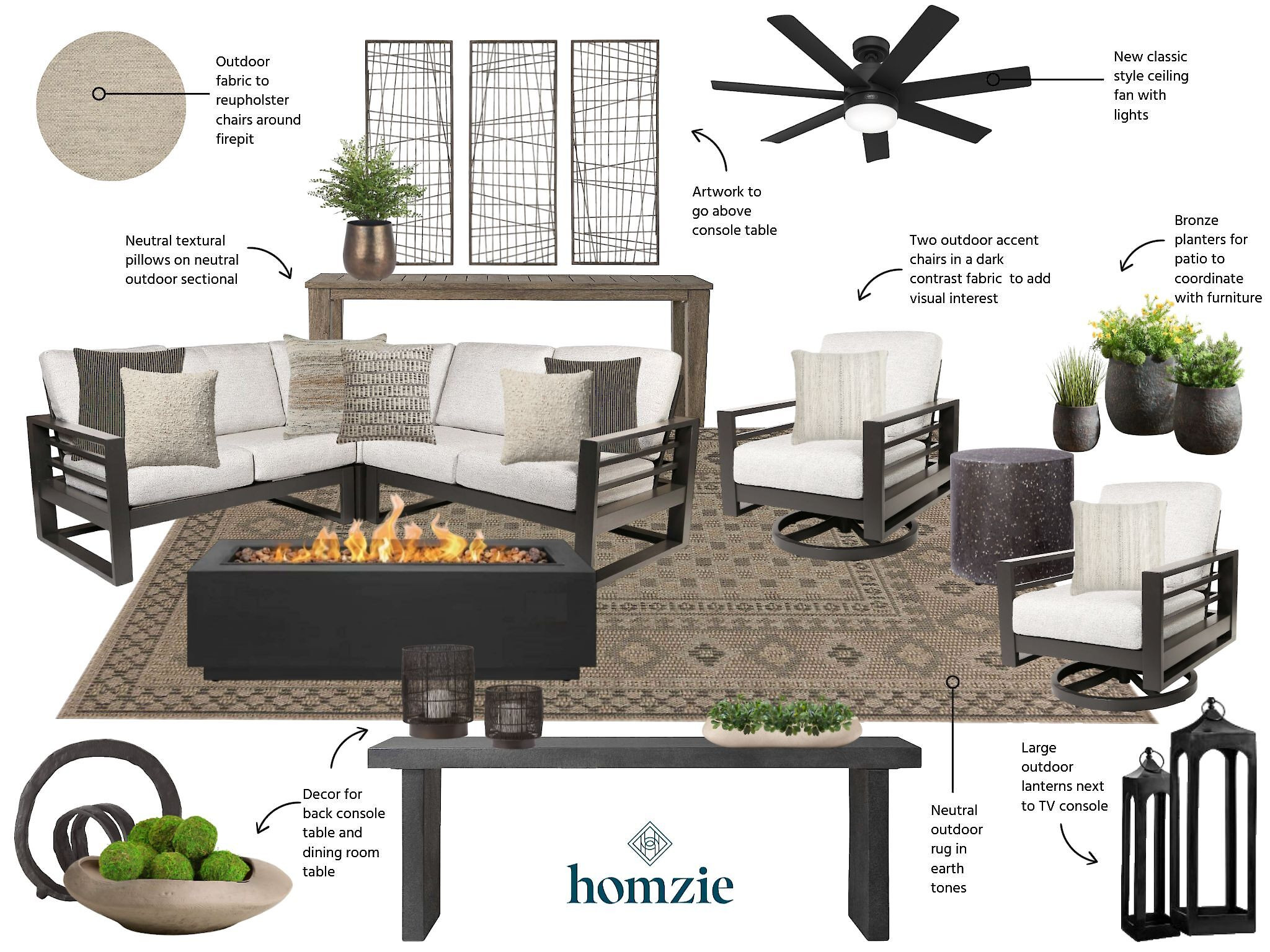 This is a modern outdoor living space with neutral tones and cozy elements. It features:  Firepit Table, Outdoor Sectional, Swivel Chairs, Bronze Planters, Outdoor Rug, Ceiling Fan. 

 

#LTKHome #LTKSaleAlert #LTKStyleTip