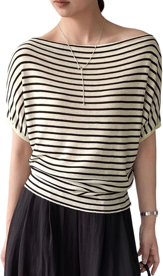 Women's Striped Off Shoulder T Shirt Casual Short Sleeve Summer Tops Loose Fit Oversized Plus Siz... | Amazon (US)