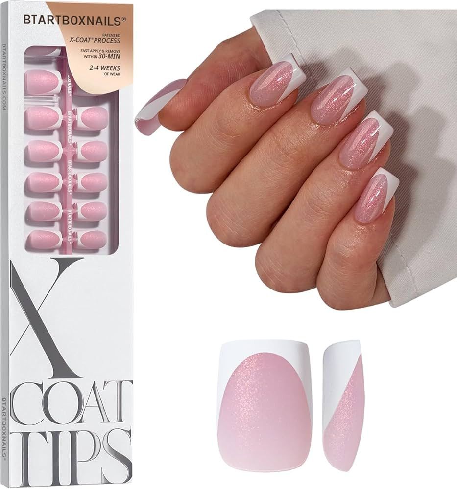 BTArtboxnails XCOATTIPS French Tip Press On Nails - Pink Glitter Base Short Square Press On Nails... | Amazon (US)