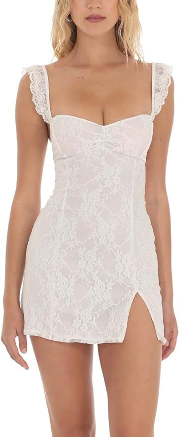 Women's Lace Strap Mini Dress Backless Sleeveless V Neck Flowy A-Line Ruffle Swing Casual Short D... | Amazon (US)