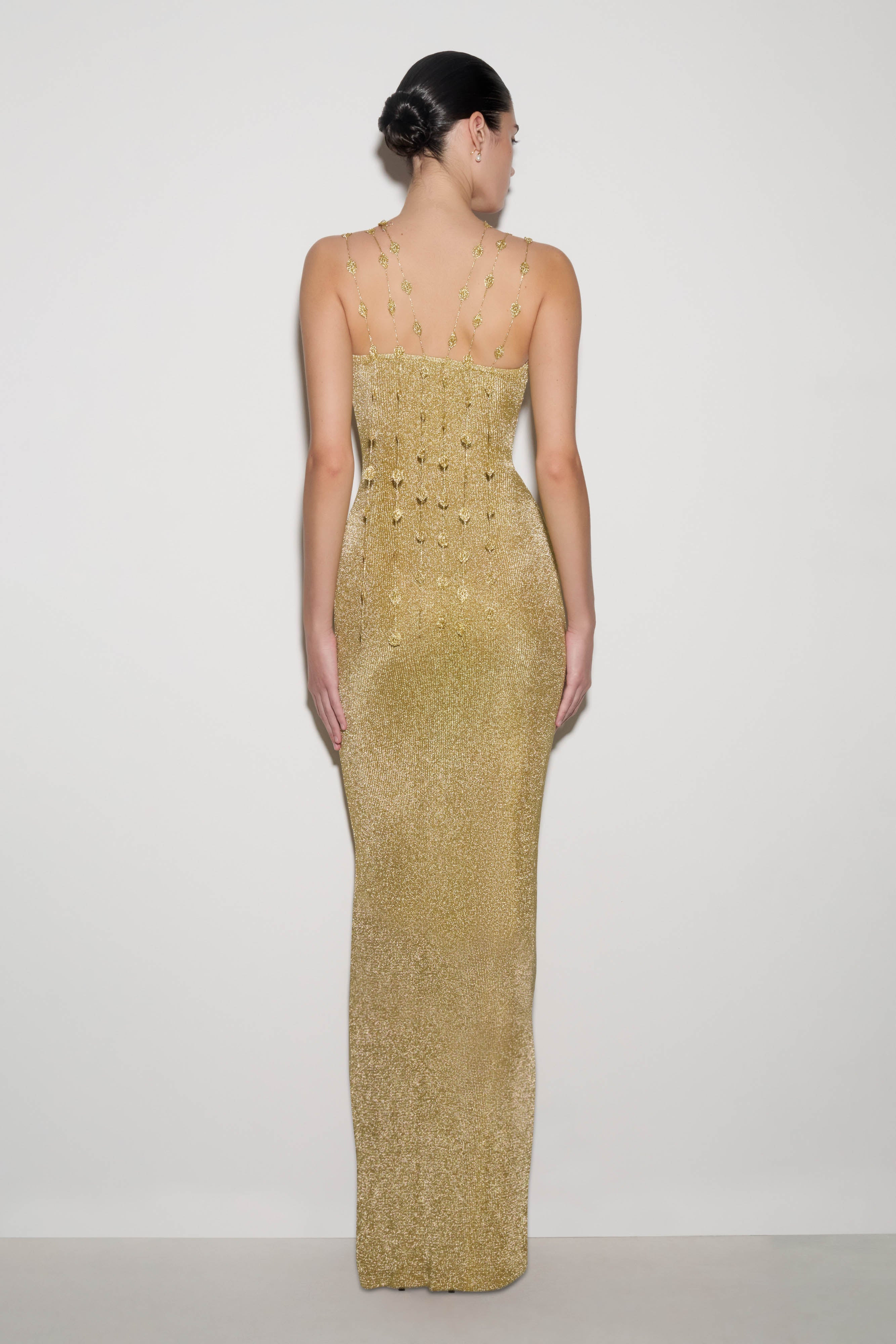 Shami Lurex Maxi Dress With Flowers - Gold | Meshki UK