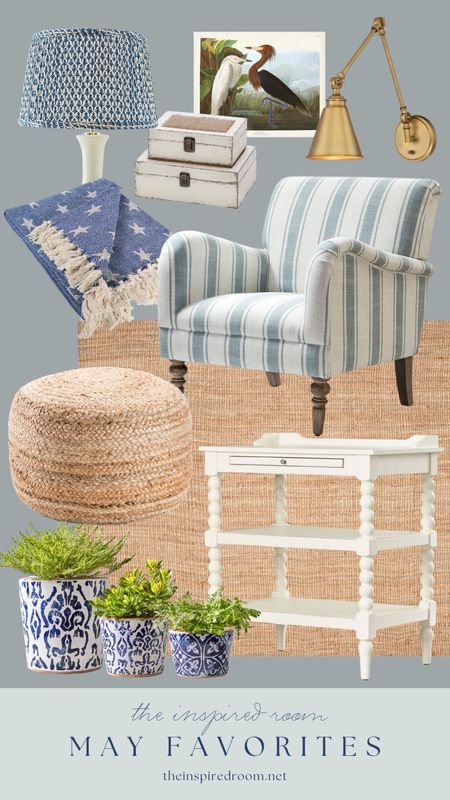 TIR follower May favorites. Blue and white striped chair, sisal jute rug, spindle nightstand, blue and white painted terracotta pots, jute woven ottoman pours, star nautical blue and white throw blanket, pleated blue and white patterned shade, brass swing arm sconce (color options), bird art, lidded boxes 

#LTKhome #LTKsalealert #LTKstyletip