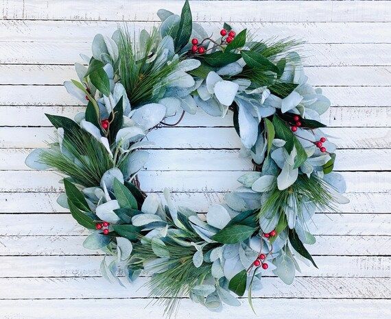 Lamb’s Ear Christmas Wreath With Evergreens and Red Berries, Artificial Holiday Decor, Farmhous... | Etsy (US)