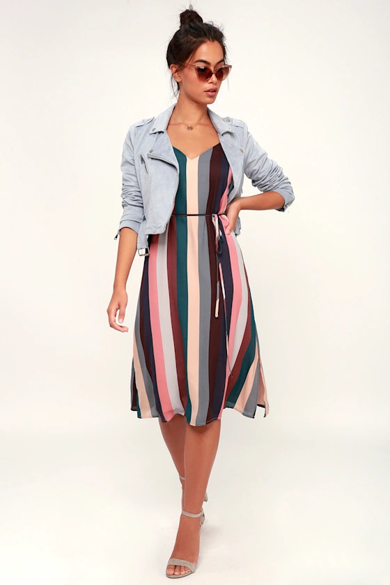 Erina Mauve Multi Stripe Belted Midi Slip Dress | Lulus (US)