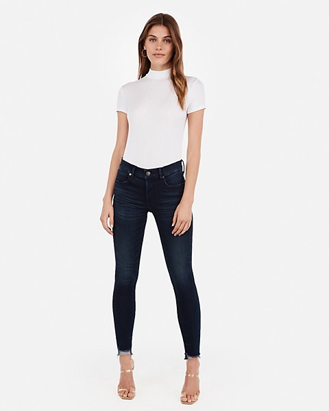 mid rise denim perfect raw hem ankle leggings | Express