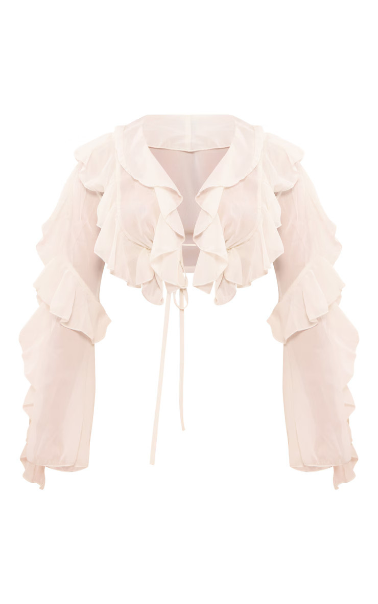 Cream Extreme Frill Tie Front Flare Sleeve Blouse | PrettyLittleThing US