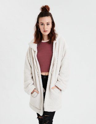 AE Fuzzy Sherpa Hooded Oversized Cardigan | American Eagle Outfitters (US & CA)