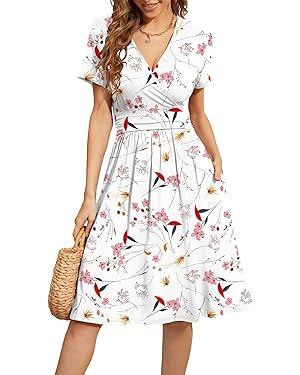 WEACZZY Women's Summer Short Sleeve Casual Dresses V-Neck Floral Party Dress with Pockets | Amazon (US)