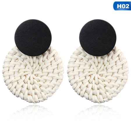 Bohemia Handmade Round Geometric Wood Rattan Straw Weave Knit Vine Drop Earrings for Women Earring P | Walmart (US)