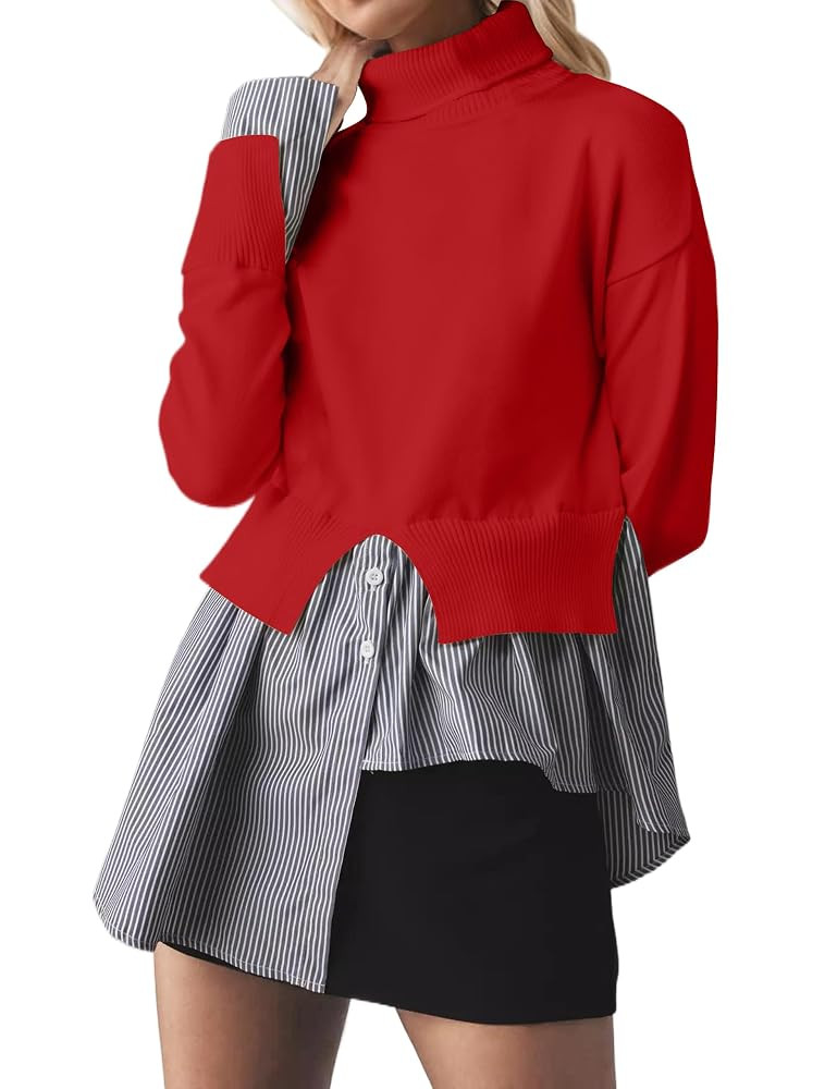 MISSACTIVER Women Slit Turtleneck Patchwork Sweater 2 in 1 Buttons Down Pullover Knit Sweater Asy... | Amazon (US)