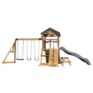 Endeavor II Outdoor Playground Set w/ Elevated Clubhouse, Climbing Wall, Gray Wave Slide, and Picnic Bench | The Home Depot