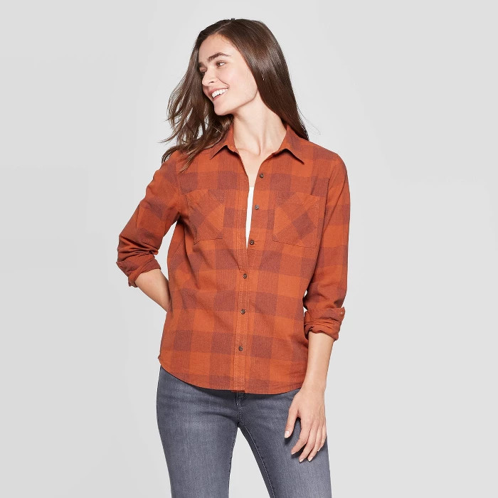 Women's Plaid Long Sleeve Cotton Flannel Shirt - Universal Thread™ Rust | Target