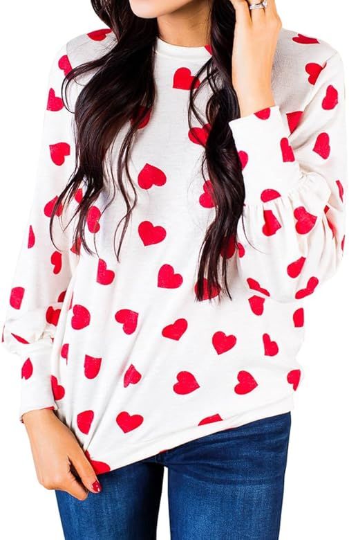 Womens Long Sleeve Heart Prints Blouse Crew Neck Valentines Tshirt Sweatshirt | Amazon (US)