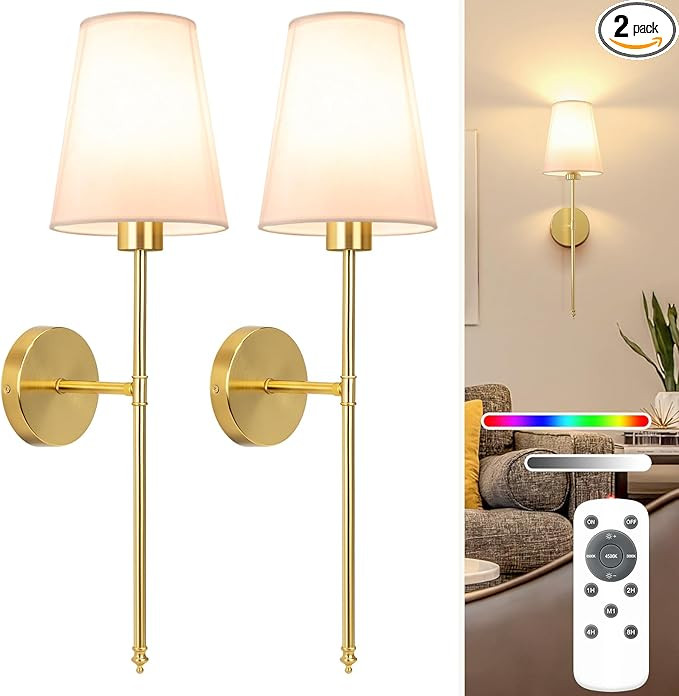 NIORSUN 25.4 inch Battery Operated Wall Sconce Set of 2,Gold Rechargeable Wall Lights with 5200mA... | Amazon (US)