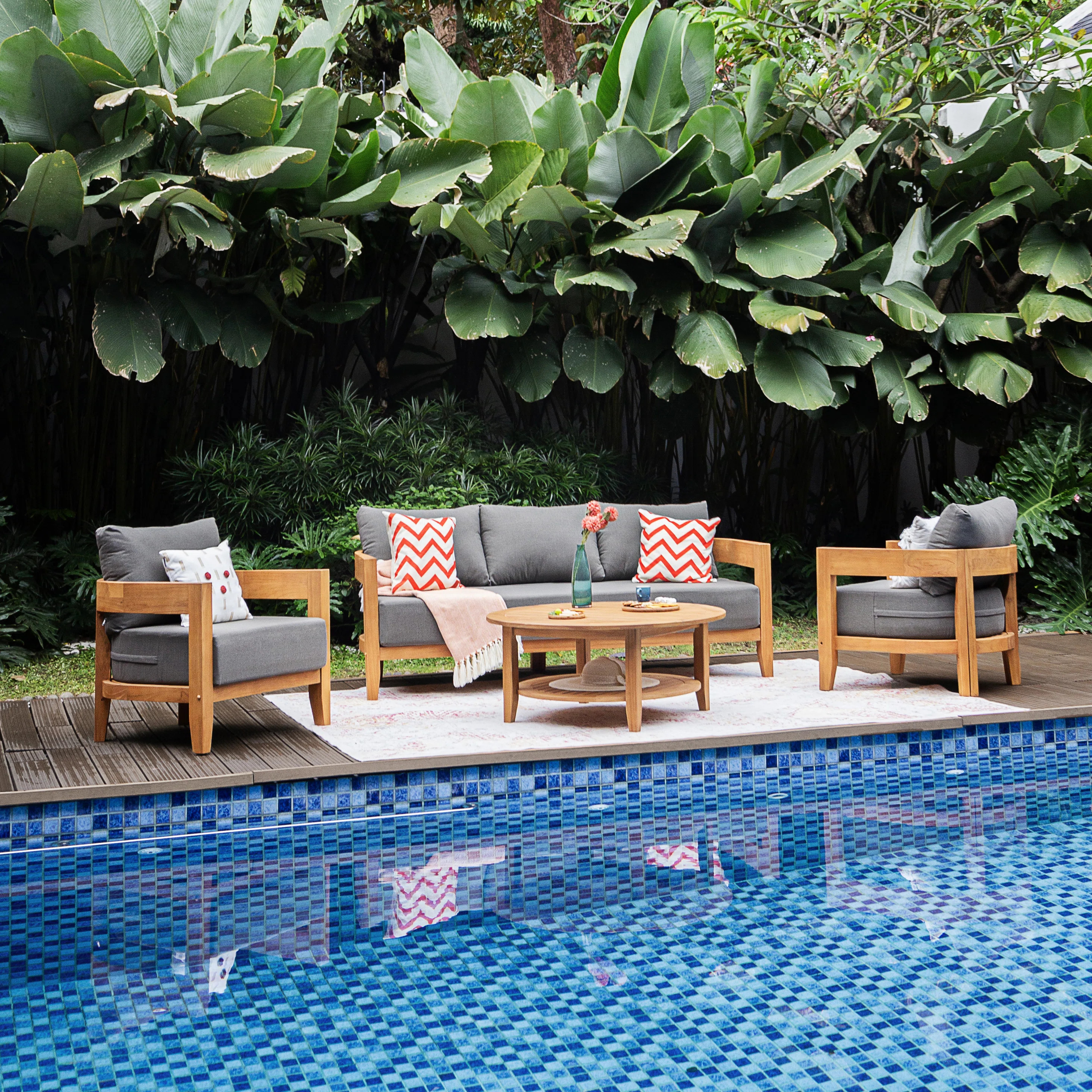 Keaton 5-Person Teak Outdoor Conversation Set With Cushions | Birch Lane