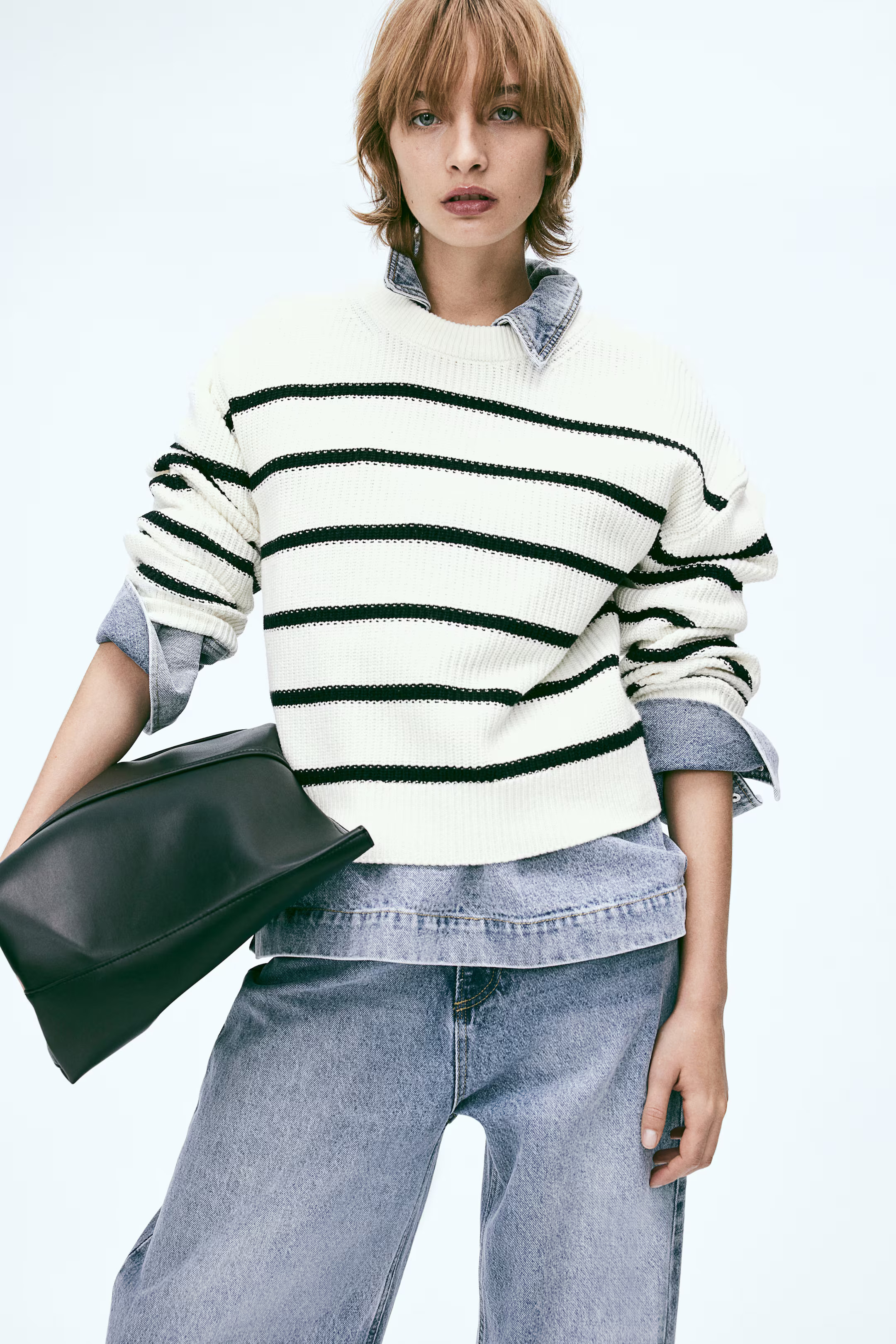 Sweater - Round Neck - Long sleeve - Cream/black striped - Ladies | H&M US | H&M (US + CA)