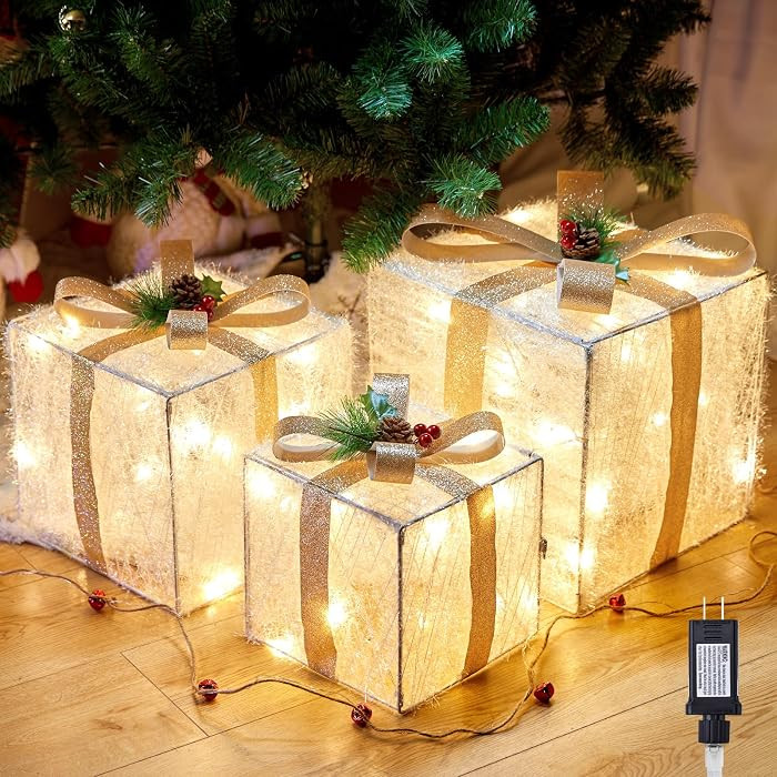 3 Pieces Lighted Gift Boxes Christmas Decorations, 12in 10in 8in with 60 Pre-Strung Mini String L... | Amazon (US)