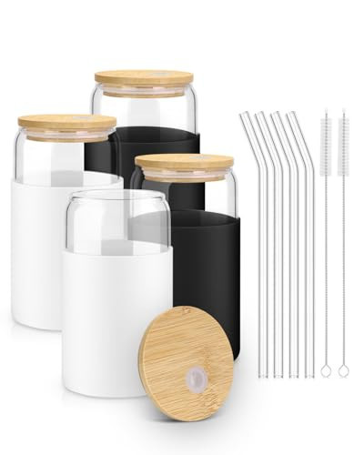 sungwoo Glass Cups with Lids and Straws, 4 Pack 16OZ Iced Coffee Cups with Silicone Sleeve, Glass Tumbler with Straw and Bamboo Lid, Home Essential Drinking Set for Juice, Cocktail and Tea Black&White | Amazon (US)