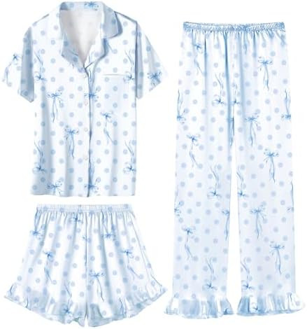 Umeyda Girls 3 Pieces Pajamas Sets Silk Satin Ruffle Sleepwear Short Sleeve Button-Down 3Pjs Nigh... | Amazon (US)