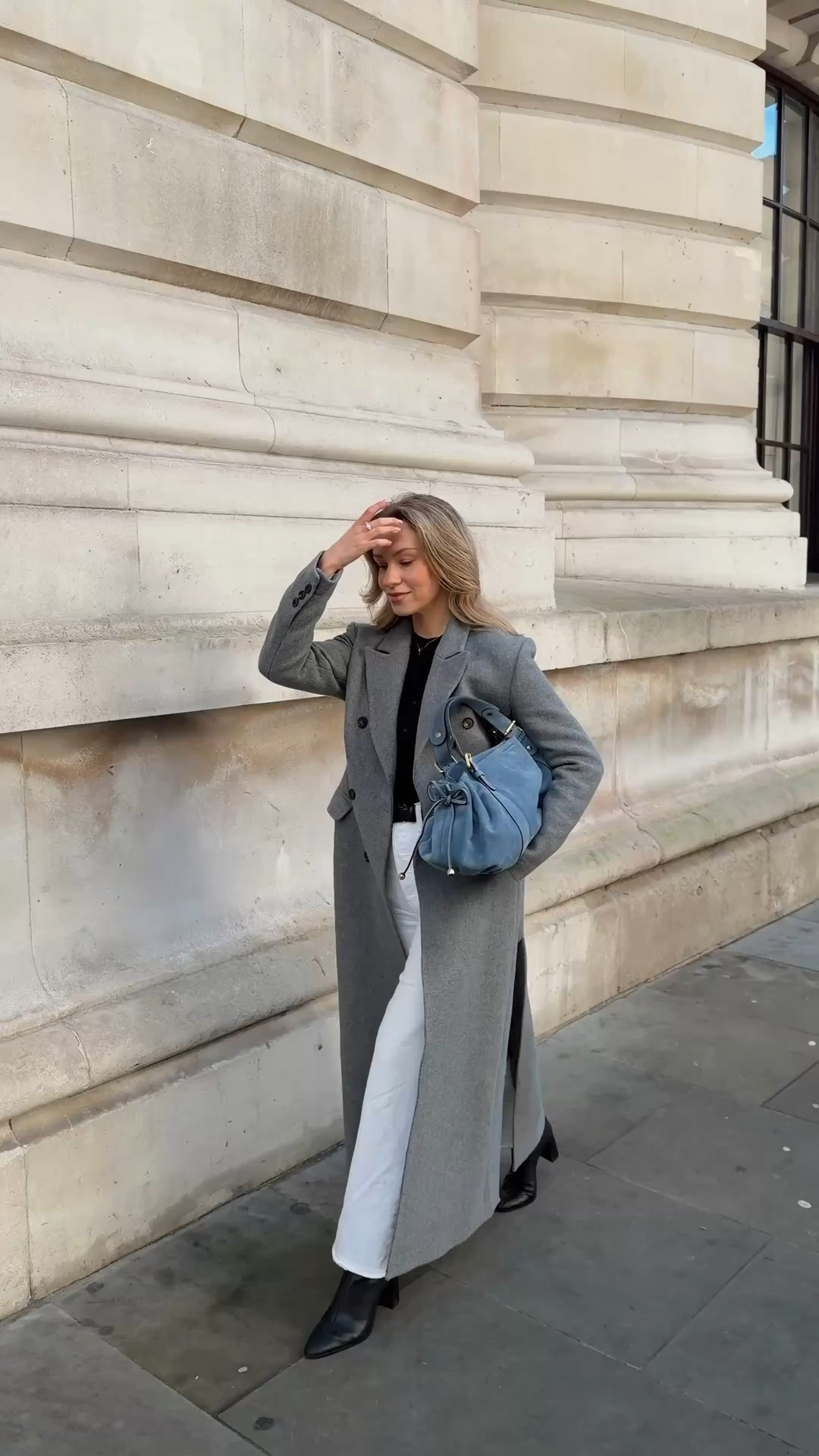 Levi’s white ribcage straight jeans, black Uniqlo merino wool cardigan, Karen Millen grey tailored coat, old mango heel boots, Gerard darel blue suede bag 