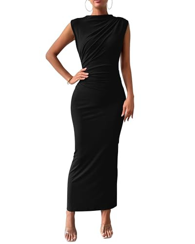 BTFBM Women's Ruched Bodycon Dress Summer Casual Sleeveless Lightweight Back Slit Elegant Club Party Cocktail Maxi Dresses(Black, Medium) | Amazon (US)