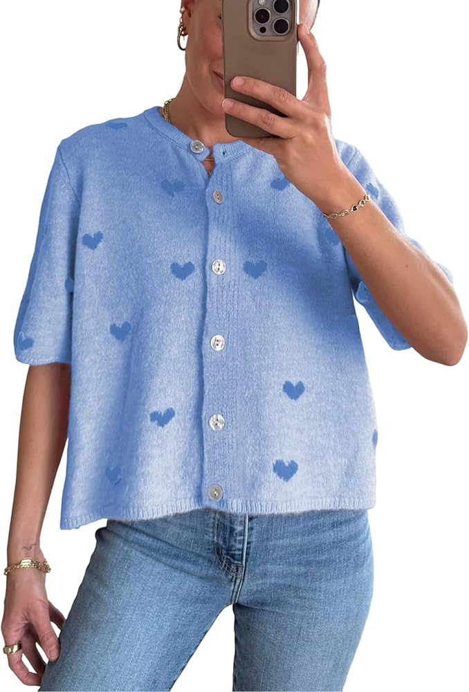 Springrain Womens Lightweight Short Sleeve Cardigan Button Down Cropped Cute Heart Sweaters Knitw... | Amazon (US)