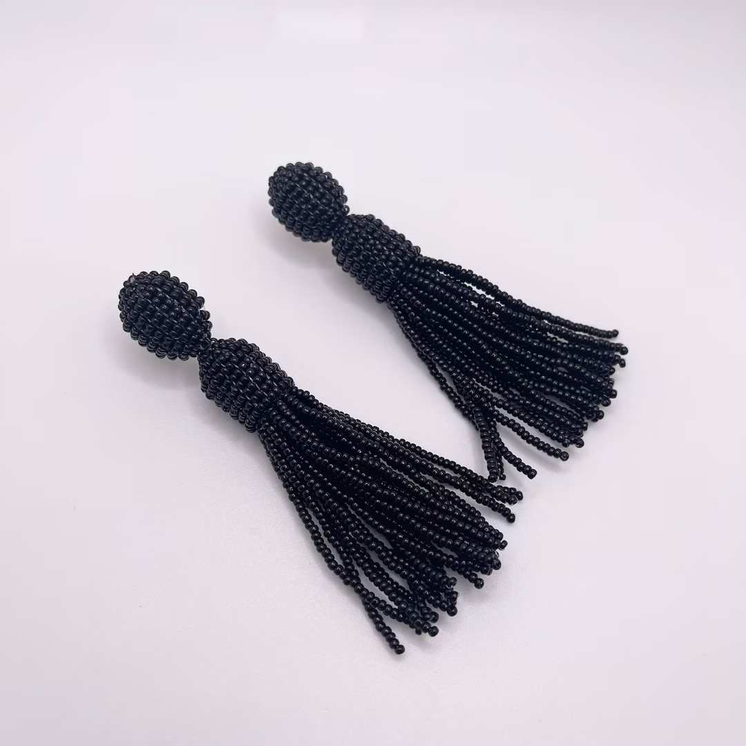 Oscar De La Renta Style Black Classic Tassel Stud Earrings Black Seed Beads Beaded Fringe Elegant... | Etsy (US)