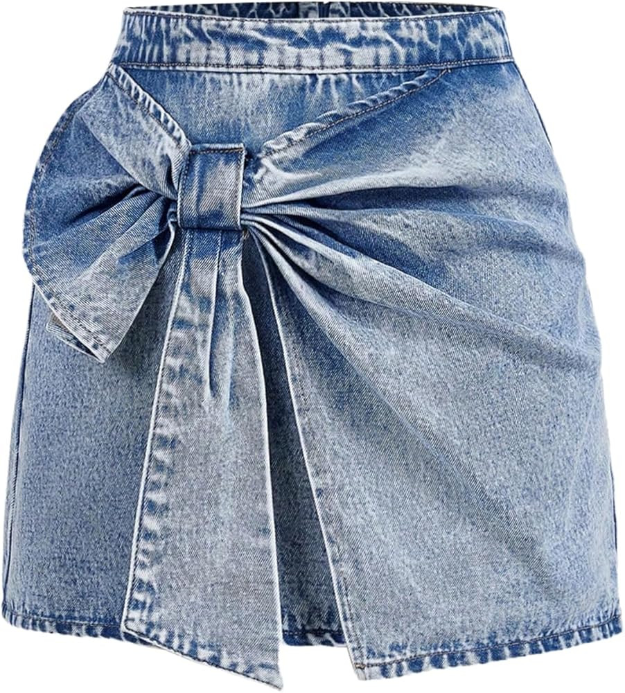 Floerns Women's Plus Size High Waist Denim Skirt Wrap Front Bow Bodycon Mini Skirt | Amazon (US)