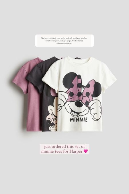 3 pack of Minnie Mouse tees I ordered for Harper 🩷 I sized up one because HM tends to run small